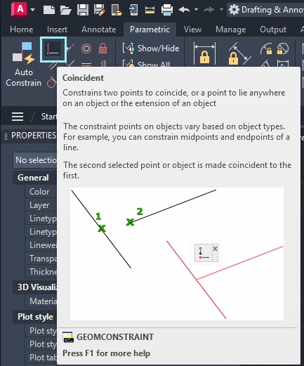 Coincident tool from Geometric section on Parametric tab